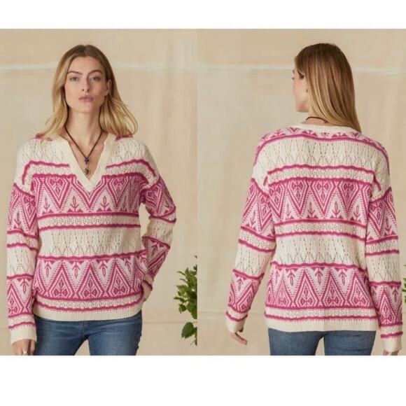 Sundance Sweater Womens XS Pink Brixen Fair Isle Pointelle Wool Blend Bohemian - Picture 1 of 8